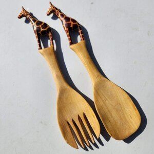 New Hand Carved Wood Giraffe Fork Spoon Serving Set Safari African Folk Art Home